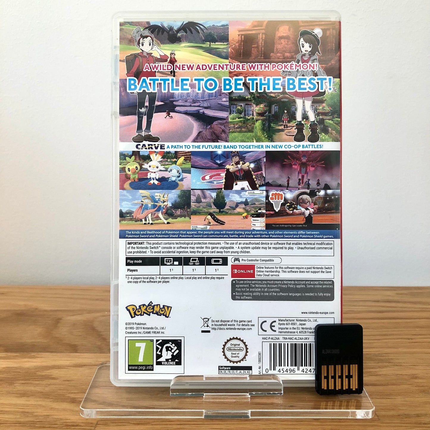 Back case cover of Pokémon Sword for Nintendo Switch, showing game details, features, and back of cartridge.