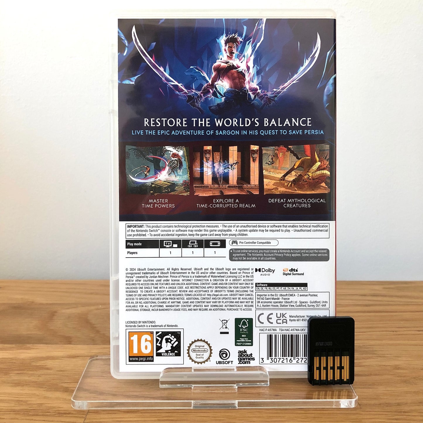 Back case cover of Prince of Persia: The Lost Crown for Nintendo Switch, showing game details, features, and back of cartridge.