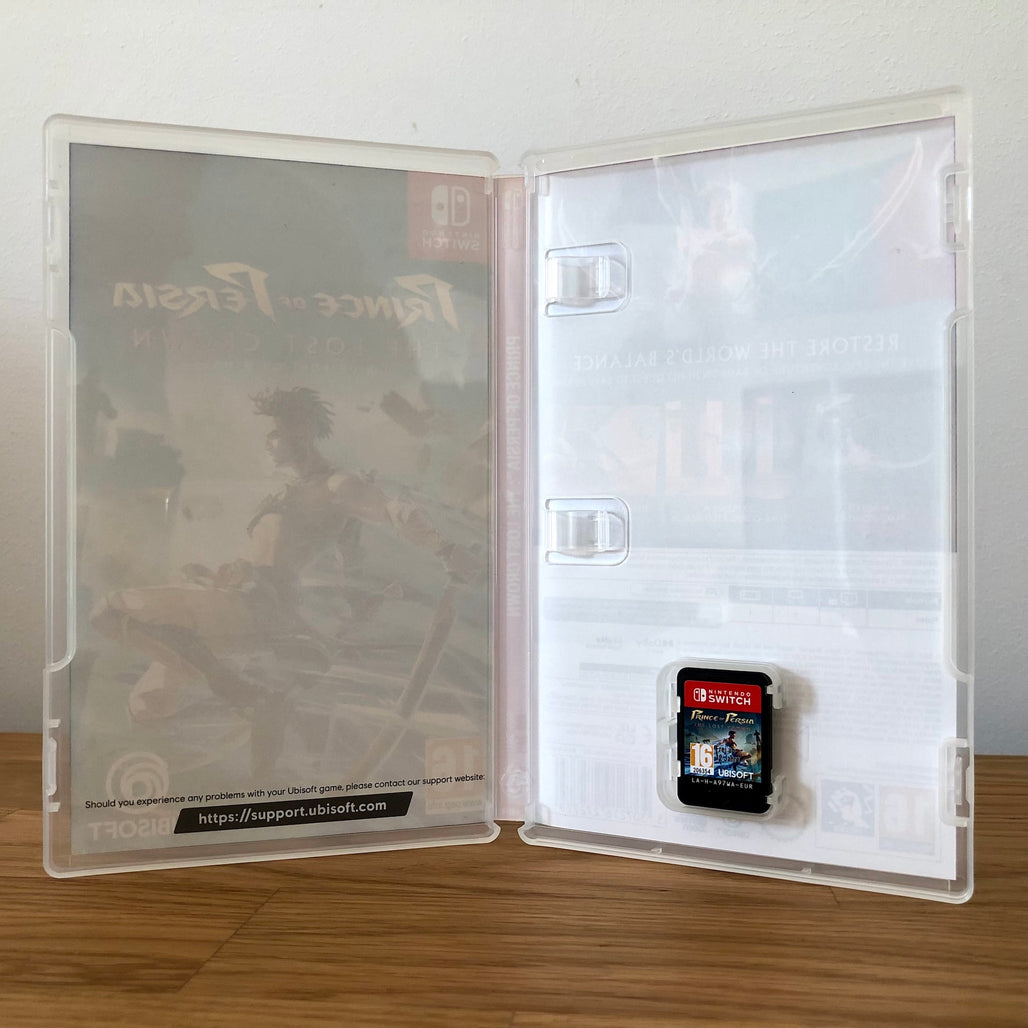 Inside the case of Prince of Persia: The Lost Crown for Nintendo Switch, showing the cartridge and case design.
