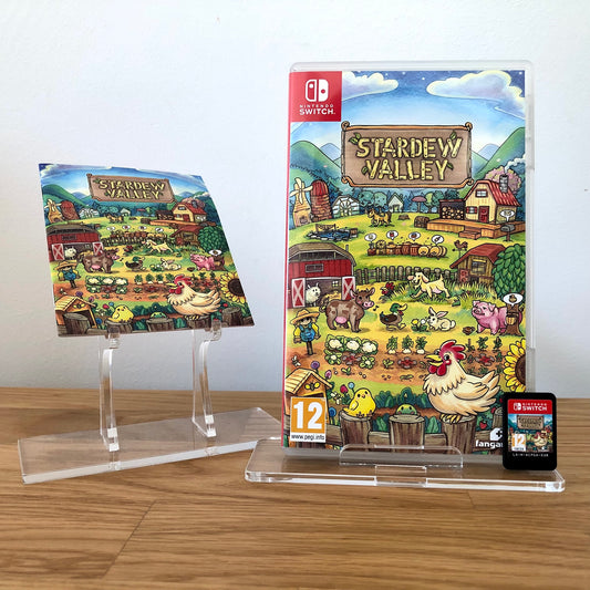 Front case cover of Stardew Valley for Nintendo Switch, featuring game artwork, title, game manual and front of cartridge.