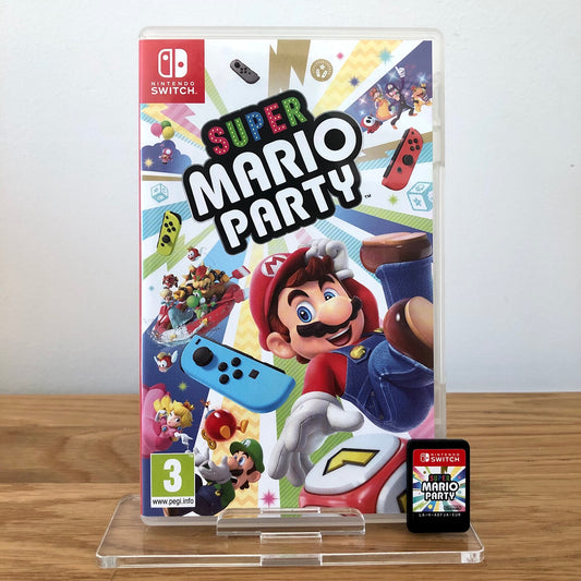 Front case cover of Super Mario Party for Nintendo Switch, featuring game artwork, title, and front of cartridge.