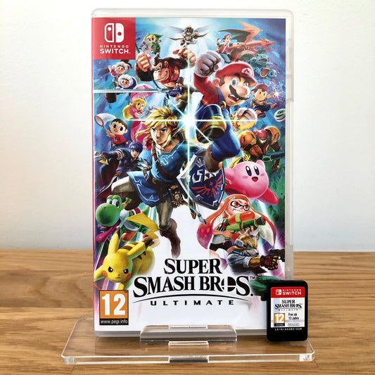 Front case cover of Super Smash Bros. Ultimate for Nintendo Switch, featuring game artwork, title, and front of cartridge.