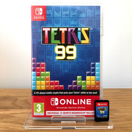 Front case cover of Tetris 99 for Nintendo Switch, featuring game artwork, title, and front of cartridge.