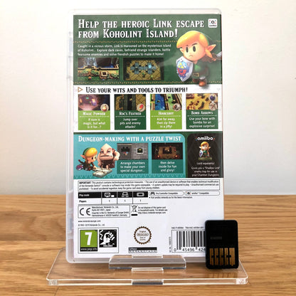 Back case cover of The Legend of Zelda: Link's Awakening for Nintendo Switch, showing game details, features, and back of cartridge.
