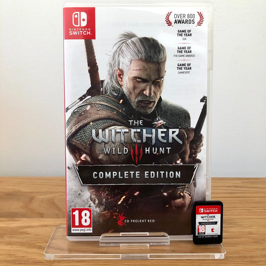 Front case cover of The Witcher 3: Wild Hunt Complete Collection for Nintendo Switch, featuring game artwork, title, and front of cartridge.