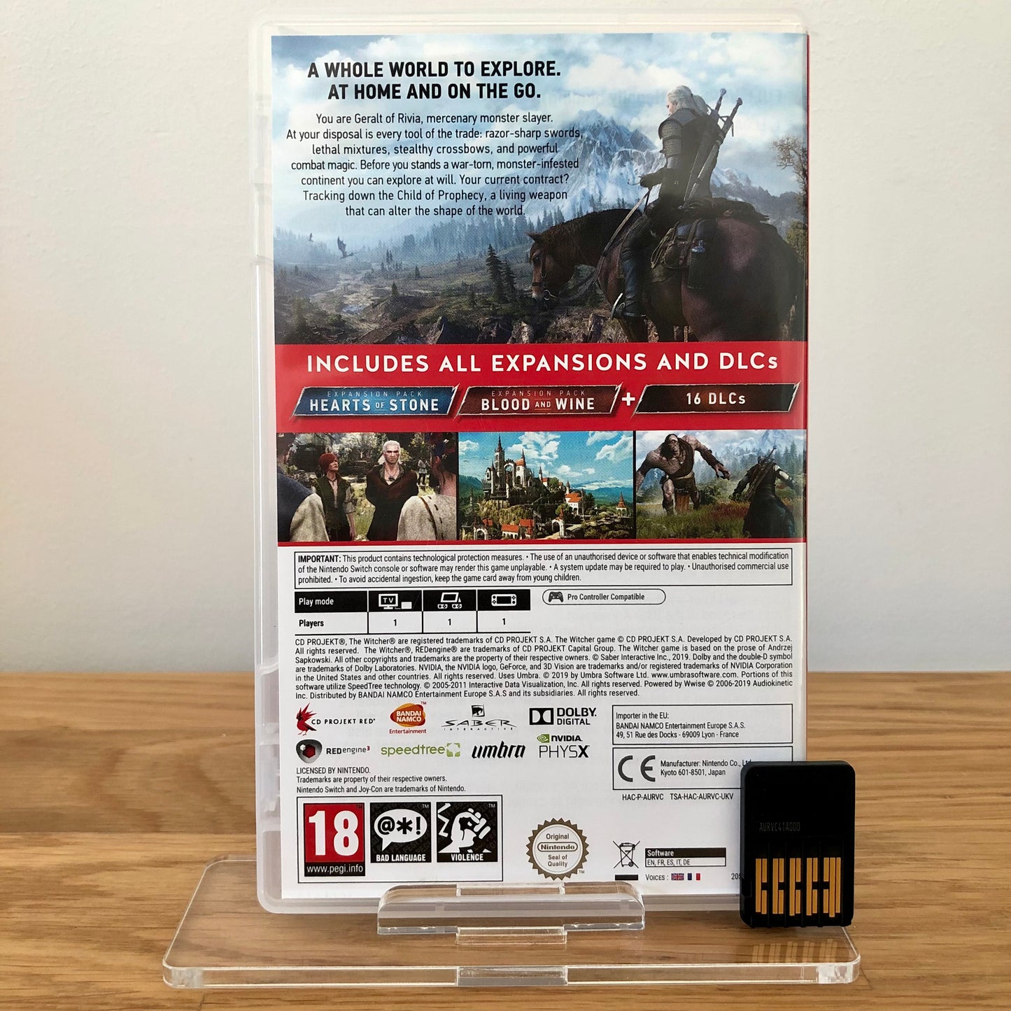 Back case cover of The Witcher 3: Wild Hunt Complete Collection for Nintendo Switch, showing game details, features, and back of cartridge.