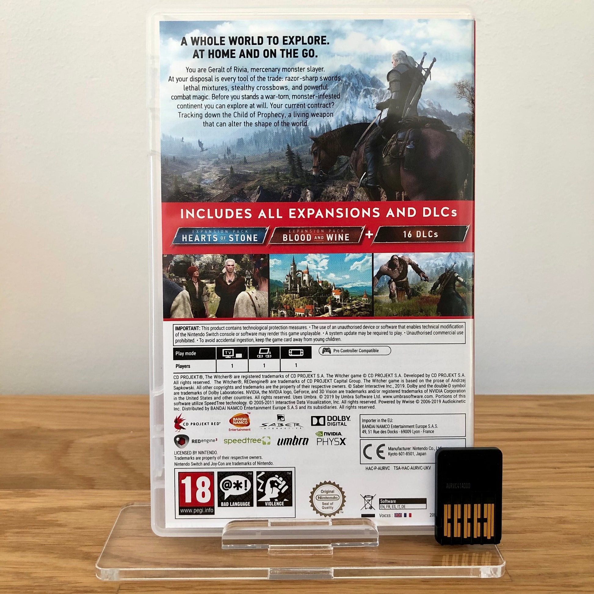 Back case cover of The Witcher 3: Wild Hunt Complete Collection for Nintendo Switch, showing game details, features, and back of cartridge.