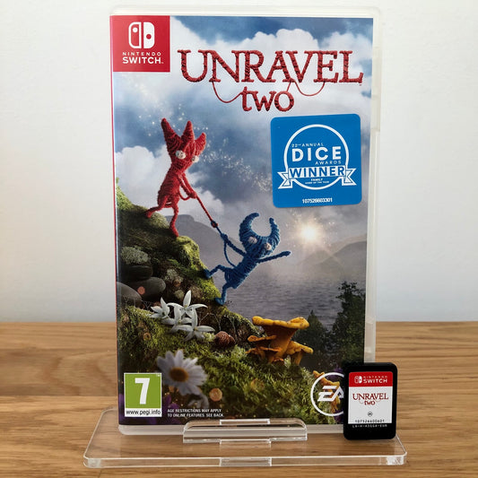 Front case cover of Unravel Two for Nintendo Switch, featuring game artwork, title, and front of cartridge.