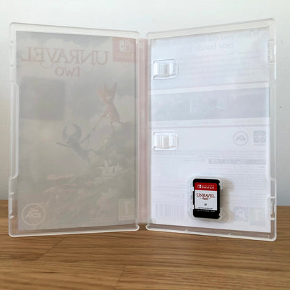 Inside the case of Unravel Two for Nintendo Switch, showing the cartridge and case design.