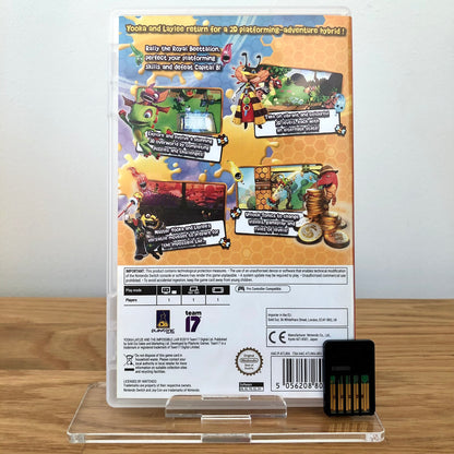 Back case cover of YOOKA-LAYLEE AND THE IMPOSSIBLE LAIR for Nintendo Switch, showing game details, features, and back of cartridge.