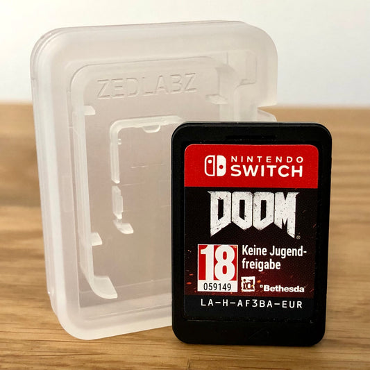 Cartridge front of DOOM for Nintendo Switch, featuring game title and age rating.