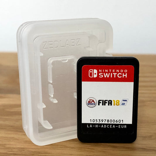 Cartridge front of Fifa 18 for Nintendo Switch, featuring game title and age rating.