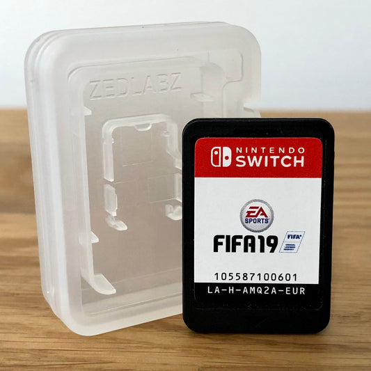 Cartridge front of Fifa 19 for Nintendo Switch, featuring game title and age rating.
