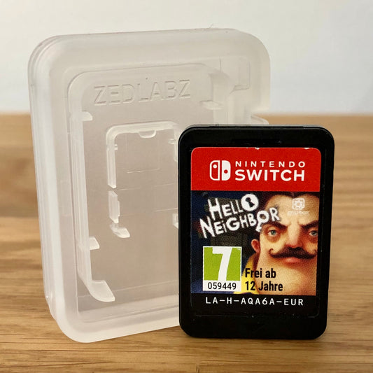 Cartridge front of Hello Neighbor for Nintendo Switch, featuring game title and age rating.