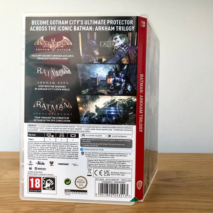 Angled view of Batman Arkham Trilogy Nintendo Switch case showing full back artwork