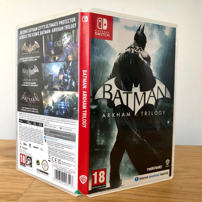 Angled view of Batman Arkham Trilogy Nintendo Switch case showing full front artwork
