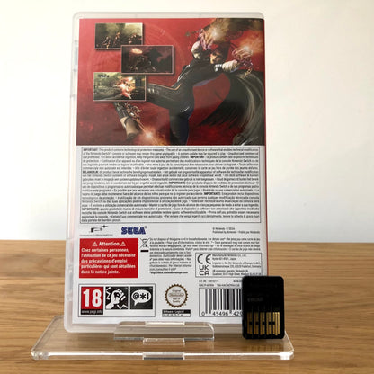 Back cover of Bayonetta for Nintendo Switch, showing game details, features, and back of cartridge.