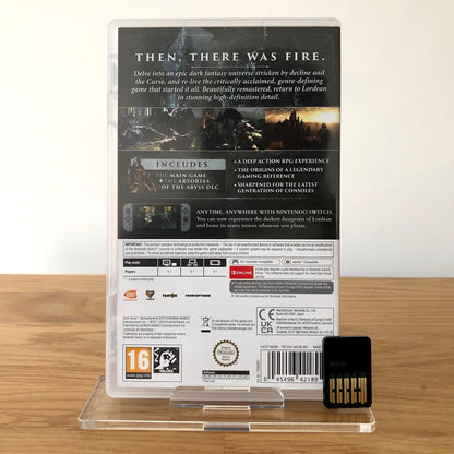 Back cover of Dark Souls Remastered for Nintendo Switch, showing game details, features, and back of cartridge.