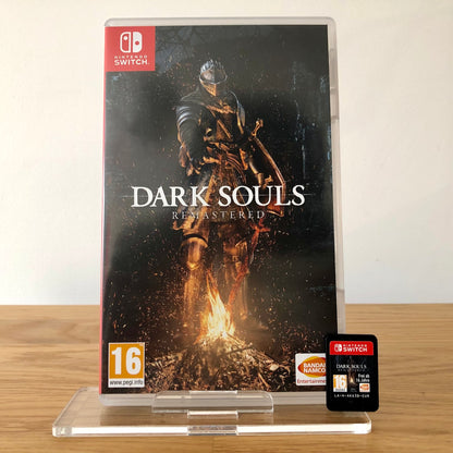 Front cover of Dark Souls Remastered for Nintendo Switch, featuring game artwork, title, and front of cartridge.
