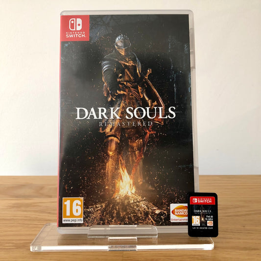 Front cover of Dark Souls Remastered for Nintendo Switch, featuring game artwork, title, and front of cartridge.