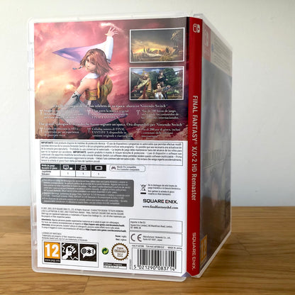 Angled back view of Final Fantasy X/X-2 HD Remaster for Nintendo Switch, displaying full back cover and features.