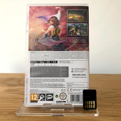 Back cover of Final Fantasy X/X-2 HD Remaster for Nintendo Switch, showing game details, features, and back of cartridge.