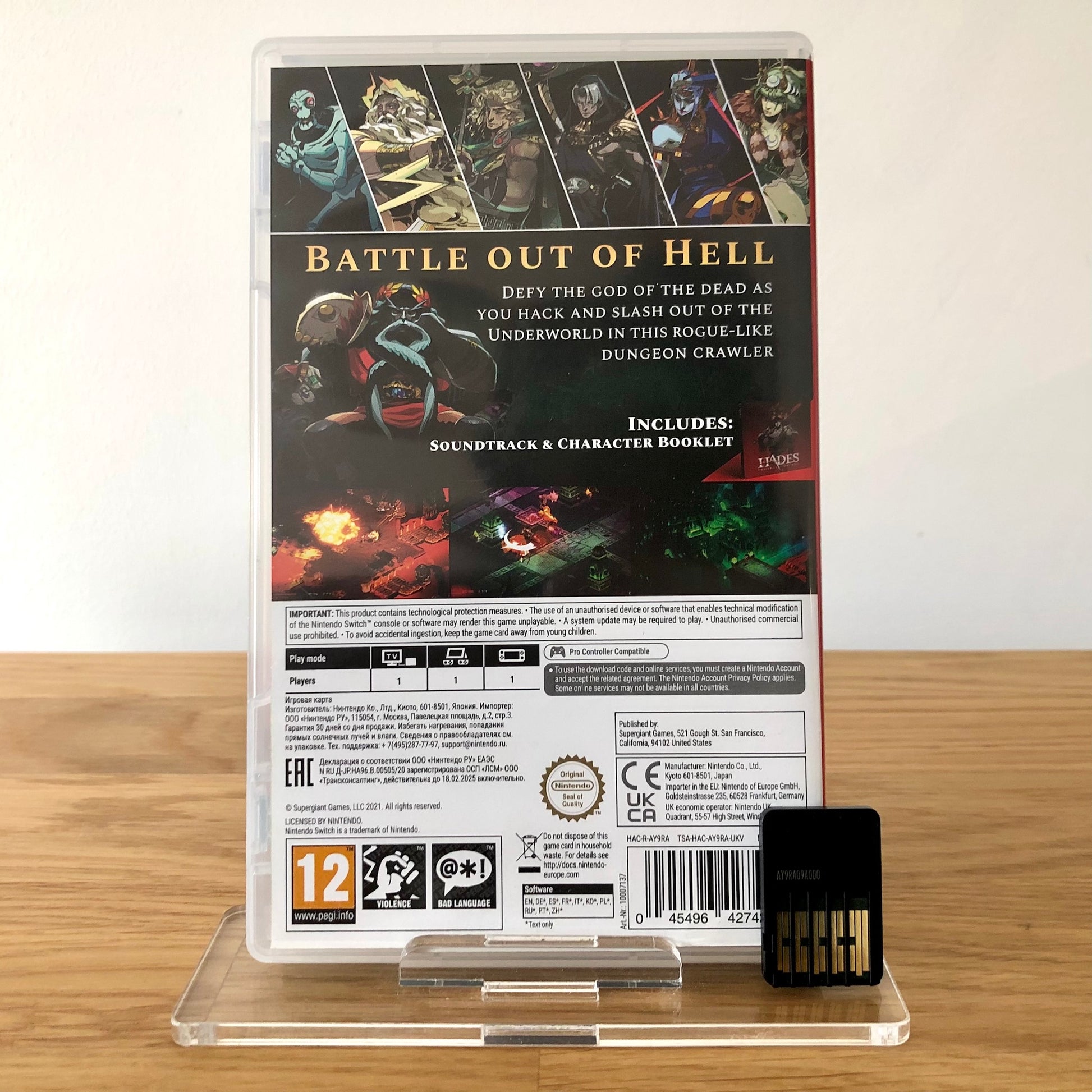 Back cover of Hades for Nintendo Switch, showing game details, features, and back of cartridge.