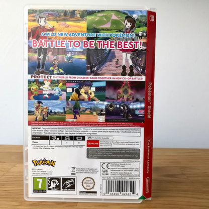 Angled back view of Pokémon Shield for Nintendo Switch, showing full back cover artwork.