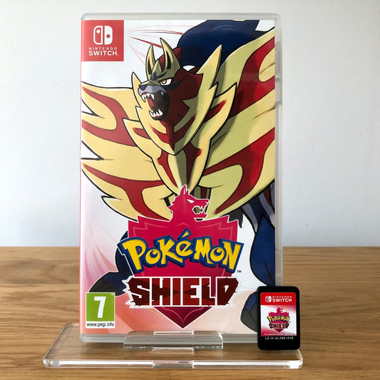 Front cover of Pokémon Shield for Nintendo Switch, featuring game artwork, title, and front of cartridge.
