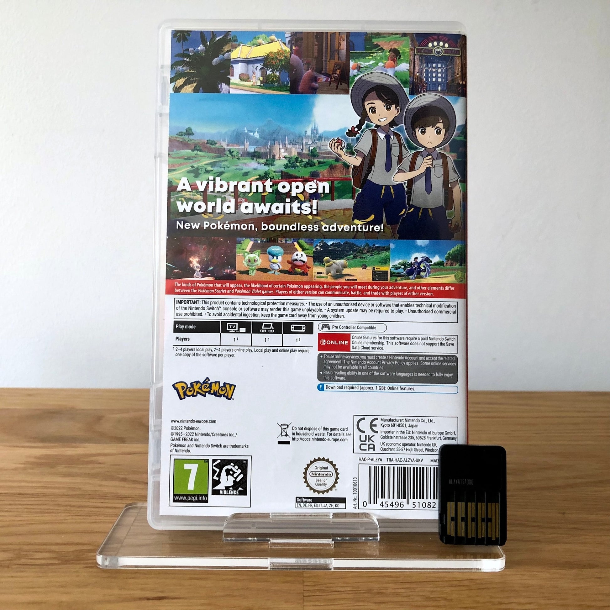 Back cover of Pokémon Violet for Nintendo Switch, showing game details, features, and back of cartridge.