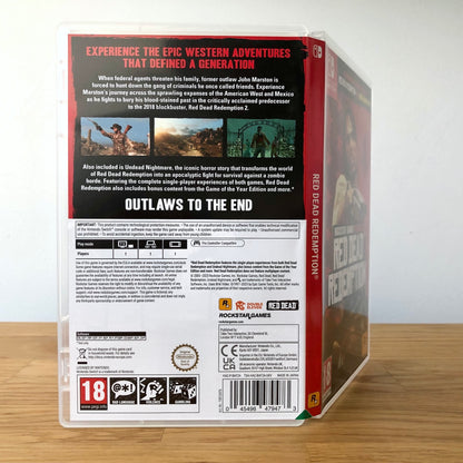 Angled back view of Red Dead Redemption for Nintendo Switch, showing full back cover artwork.