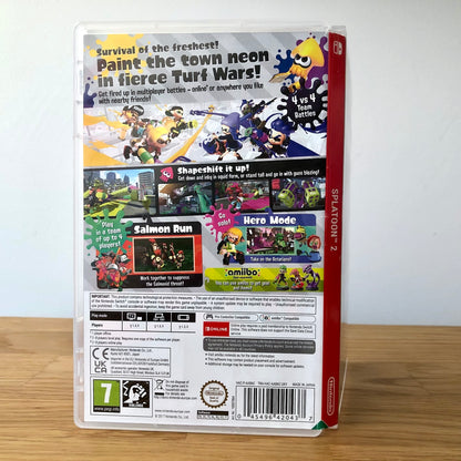 Angled back view of Splatoon 2 for Nintendo Switch, showing full case artwork and details.