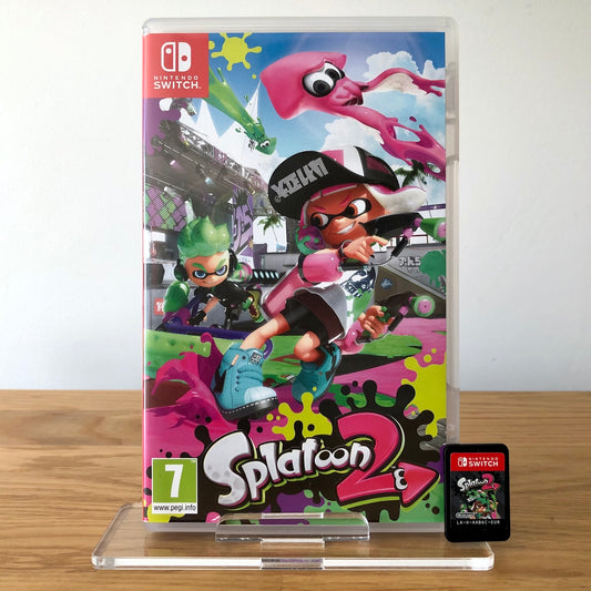 Front cover of Splatoon 2 for Nintendo Switch, featuring game artwork, title, and front of cartridge.