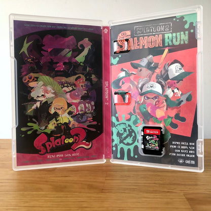 Inside the case of Splatoon 2 for Nintendo Switch, showing the cartridge and case design.