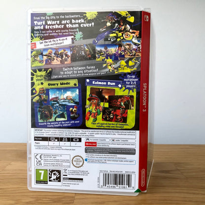 Angled back view of Splatoon 3 for Nintendo Switch, showing full back artwork and case layout.