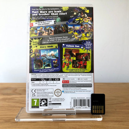 Back cover of Splatoon 3 for Nintendo Switch, showing game details, features, and back of cartridge.