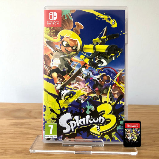 Front cover of Splatoon 3 for Nintendo Switch, featuring game artwork, title, and front of cartridge.