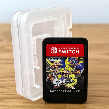 Front of Splatoon 3 Nintendo Switch game cartridge, showing the label design clearly.