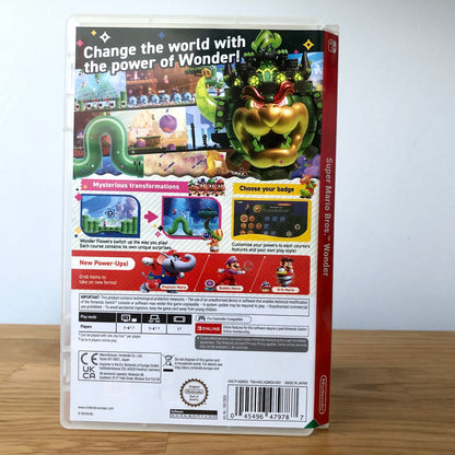 Angled back view of Super Mario Bros. Wonder for Nintendo Switch, showing full back artwork and case layout.
