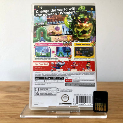 Back cover of Super Mario Bros. Wonder for Nintendo Switch, showing game details, features, and back of cartridge.
