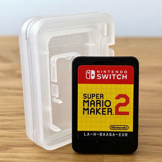 Front of Super Mario Maker 2 Nintendo Switch game cartridge, showing the label design clearly.