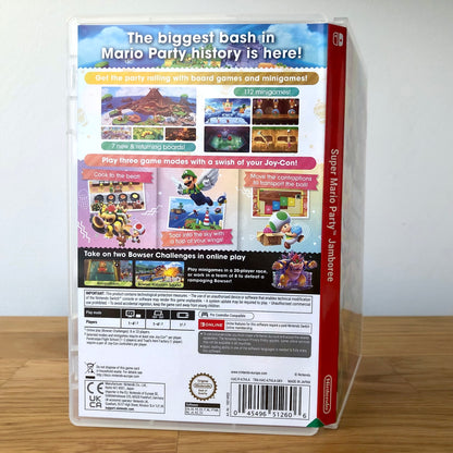 Angled back view of Super Mario Party Jamboree for Nintendo Switch, showing full back artwork and case layout.