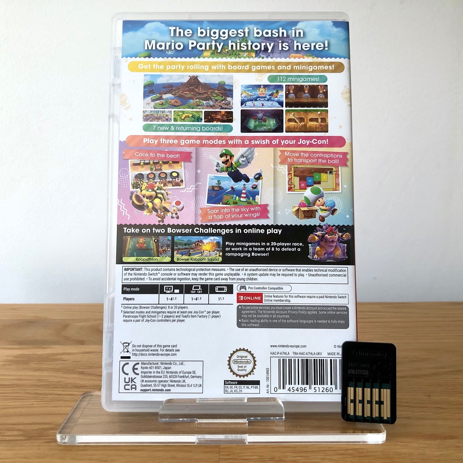 Back cover of Super Mario Party Jamboree for Nintendo Switch, showing game details, features, and back of cartridge.