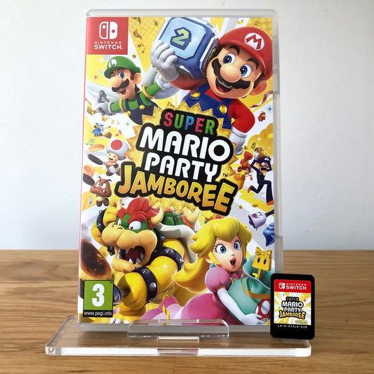 Front cover of Super Mario Party Jamboree for Nintendo Switch, featuring game artwork, title, and front of cartridge.