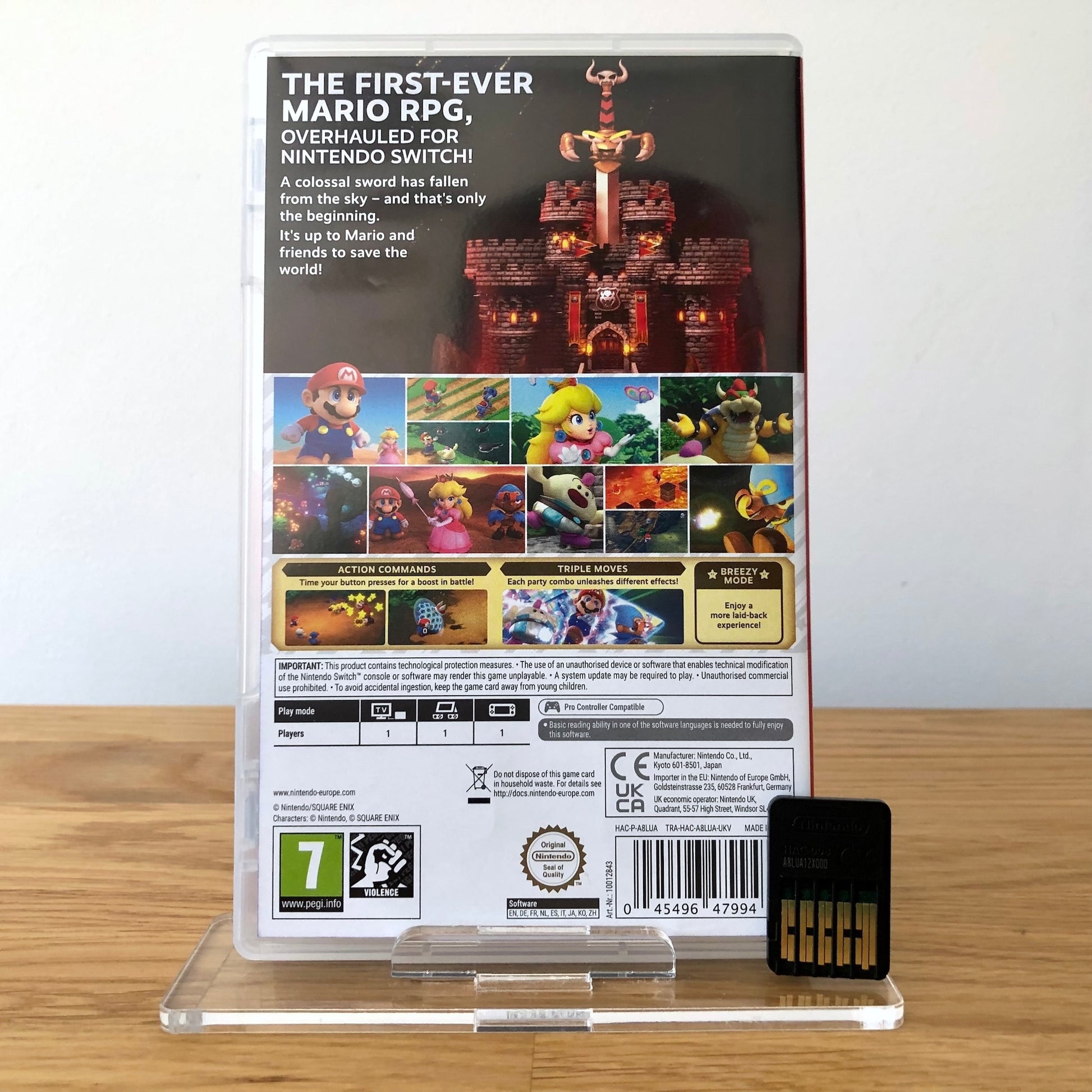 Back cover of Super Mario RPG for Nintendo Switch, showing game details, features, and back of cartridge.