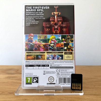 Back cover of Super Mario RPG for Nintendo Switch, showing game details, features, and back of cartridge.
