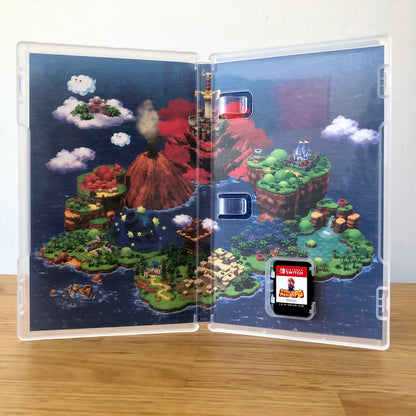 Inside the case of Super Mario RPG for Nintendo Switch, showing the cartridge and case design.