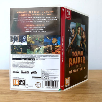 Angled back view of Tomb Raider I–III Remastered for Nintendo Switch, showing full back cover artwork.
