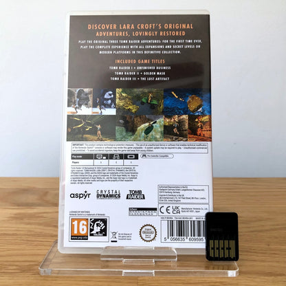 Back cover of Tomb Raider I–III Remastered for Nintendo Switch, showing game details, features, and back of cartridge.
