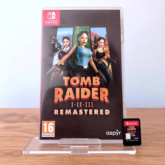 Front cover of Tomb Raider I–III Remastered for Nintendo Switch, featuring game artwork, title, and front of cartridge.